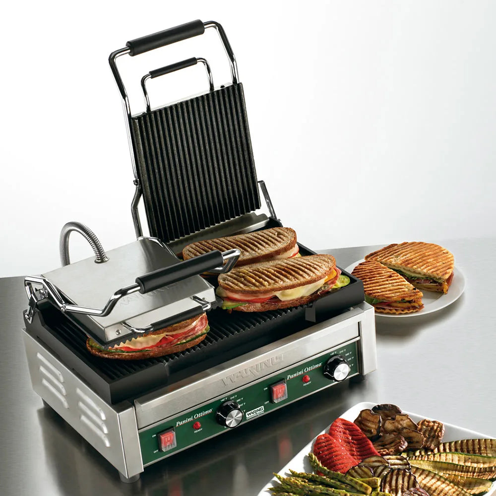 Waring  WPG300 Double Commercial Panini Press w/ Cast Iron Grooved Plates, 240v/1ph