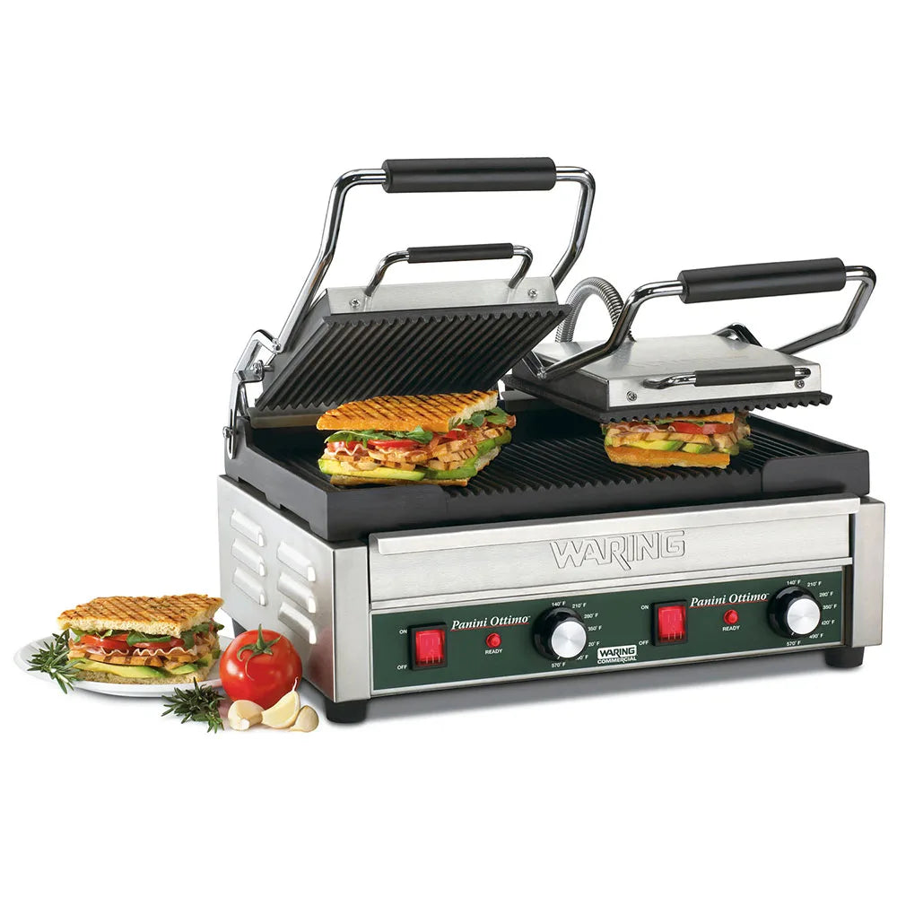 Waring  WPG300 Double Commercial Panini Press w/ Cast Iron Grooved Plates, 240v/1ph